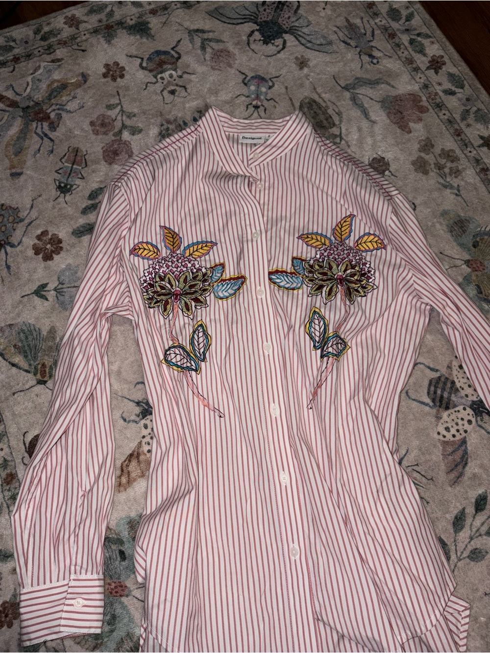 Desigual Red White Striped Floral Embroidered Banded Collar Shirt M